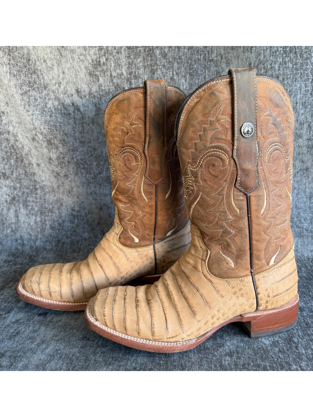 Tanner Mark Mens Cowboy Boots Size 7 Caiman Tail Print Tan Leather Square Toe